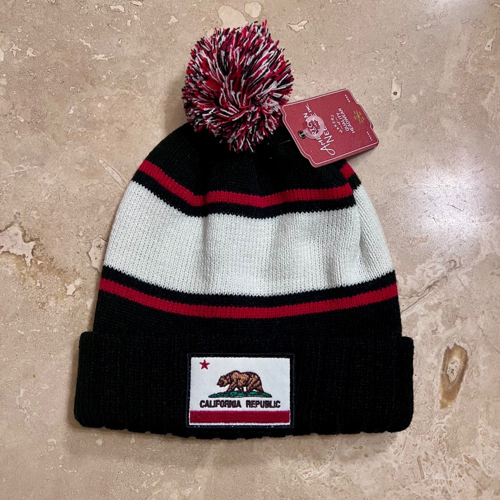 NWT American Needle California Republic Bear Pom Pom Beanie Hat Black White Red